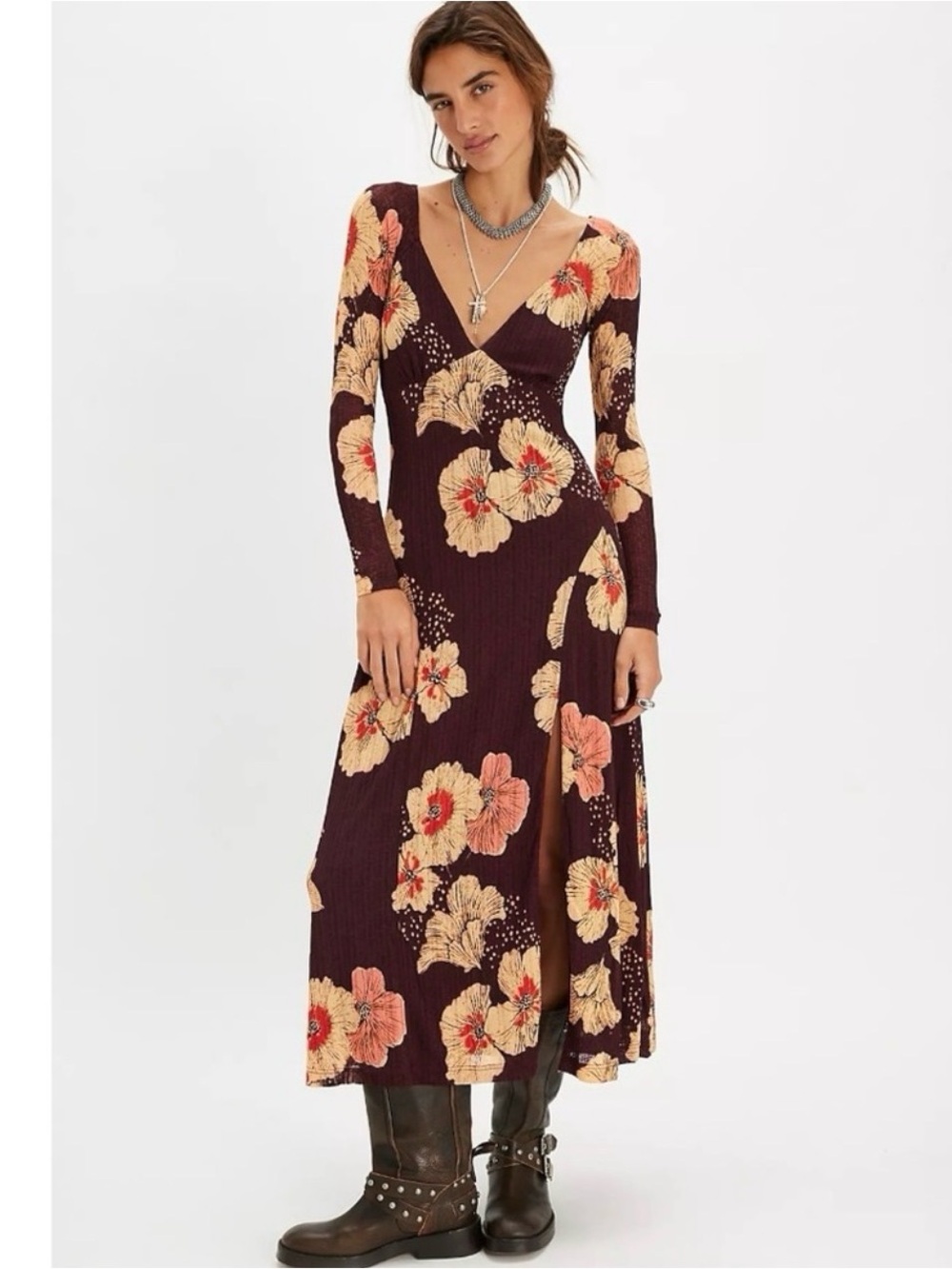 Free People Burgundy Floral Long Sleeve Maxi Dress XL stretchy and sexy!